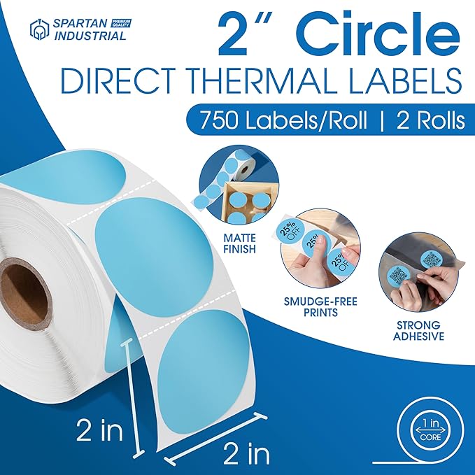 Spartan Industrial 2" Round Direct Thermal Blue Labels | Perforated Custom - Image 2