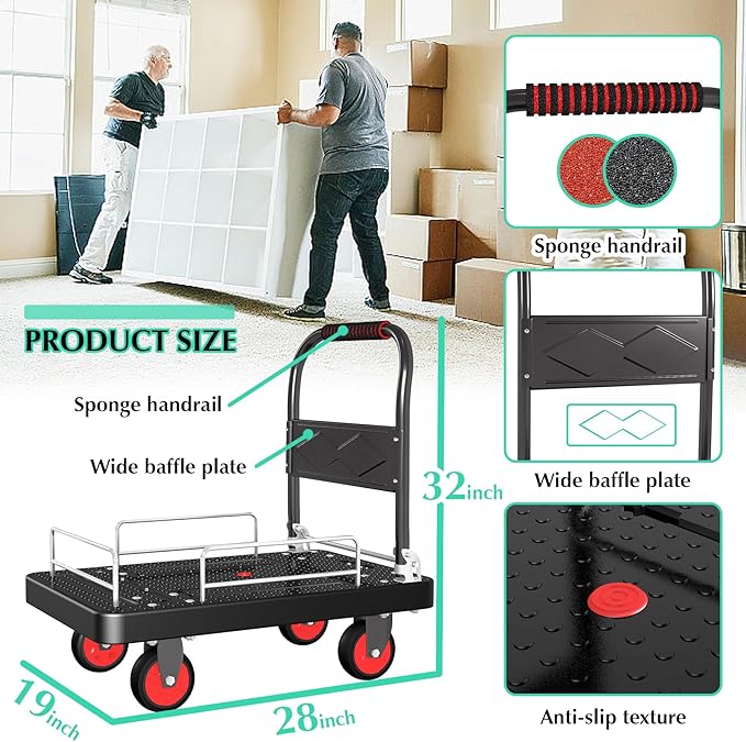 Platform Truck Cart with 3 Fence, 1100lbs Capacity Heavy-Duty Foldable Push - Image 2
