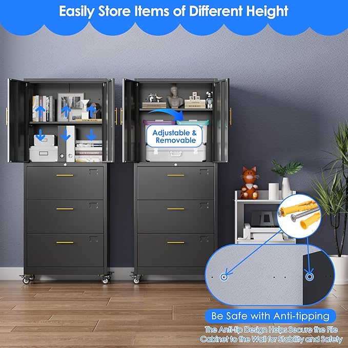 METAN Metal File Cabinet with 3 Drawers and 1 Shelves, Office Filing Cabinet on - Image 6