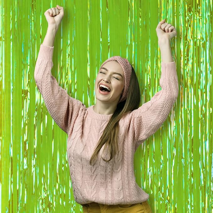 3 Pack 3.3x8.2 Feet Neon Green Foil Fringe Backdrop Curtains, Tinsel Streamers - Image 6