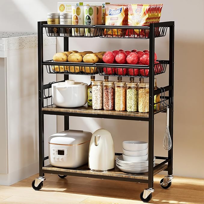 Kitchen Storage Cart, 4 Tier Utility Rolling Snack Cart, Fruit & Vegetables by Kssiaz