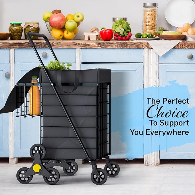 Stairs Climbing Shopping Cart w/Waterproof Basket Liner & 360° Swivel Wheels | - Image 6