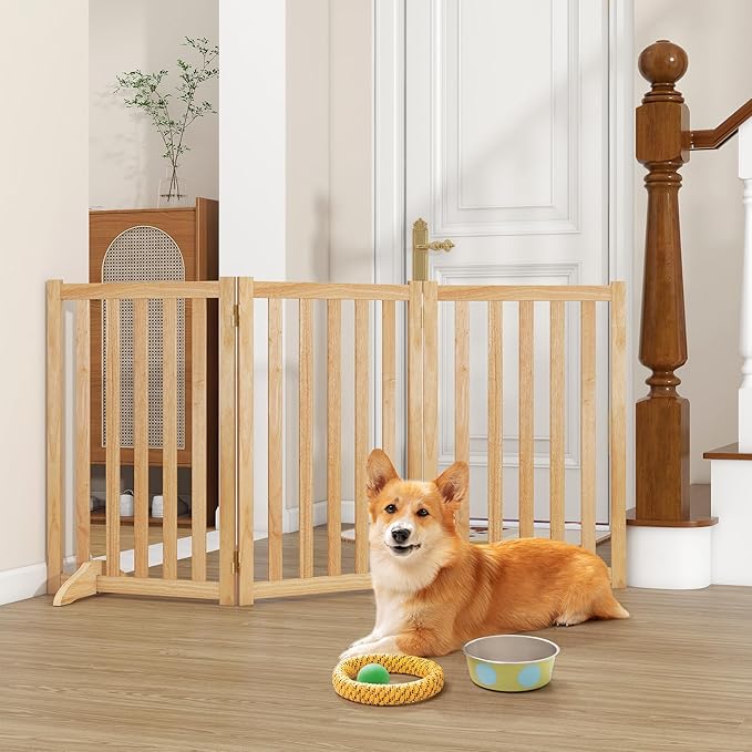 30" Height Tall Freestanding Pet Gate, Solid Wood Folding Safety Fence Wooden - Image 2