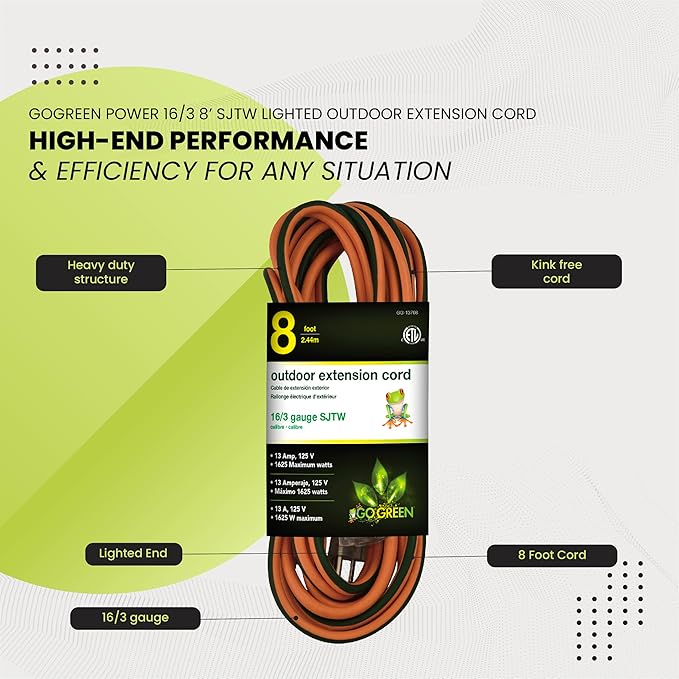 Go Green Power Inc. GG-13708 16/3 Heavy Duty Extension Cord-Orange, 8 ft - Image 5
