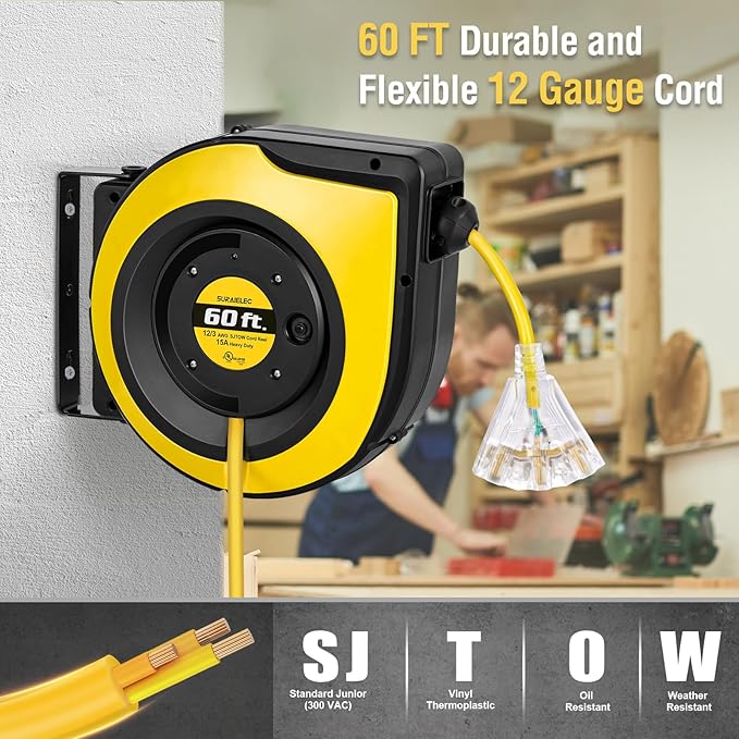 SURAIELEC 12 Gauge Extension Cord Reel, 60 FT Retractable Extension Cord - Image 3
