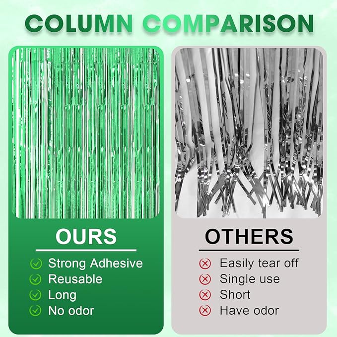 3 Pack 3.3 x 8.2 ft Laser Green Foil Fringe Backdrop Curtains, Tinsel Streamers - Image 6