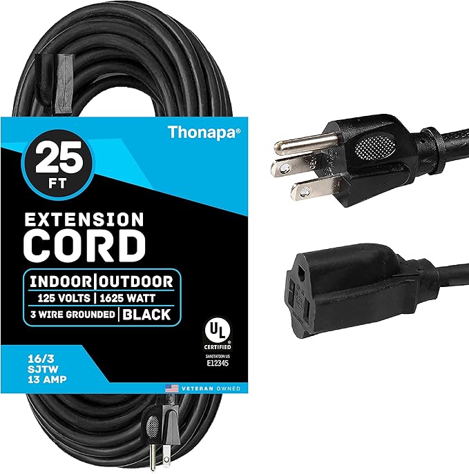 13 Amp Outdoor Extension Cord 25 ft, 16/3 SJTW 25 Foot Black Extension Cord 3 by Thonapa