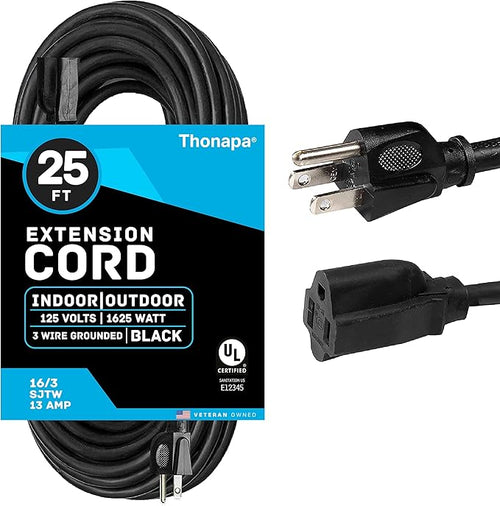 13 Amp Outdoor Extension Cord 25 ft, 16/3 SJTW 25 Foot Black Extension Cord 3 by Thonapa