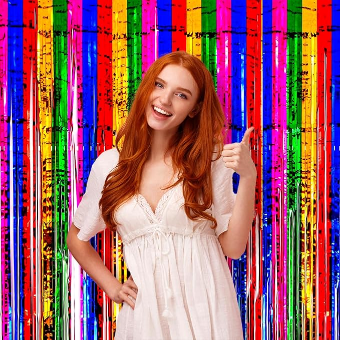 3 Pack 3.3x8.2 Feet Rainbow Foil Fringe Backdrop Curtains, Tinsel Streamers - Image 7