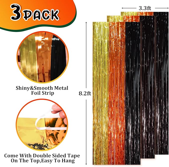 3 Pack 3.3 x 8.2 ft Black Gold Orange Foil Fringe Backdrop Curtains, Tinsel - Image 2