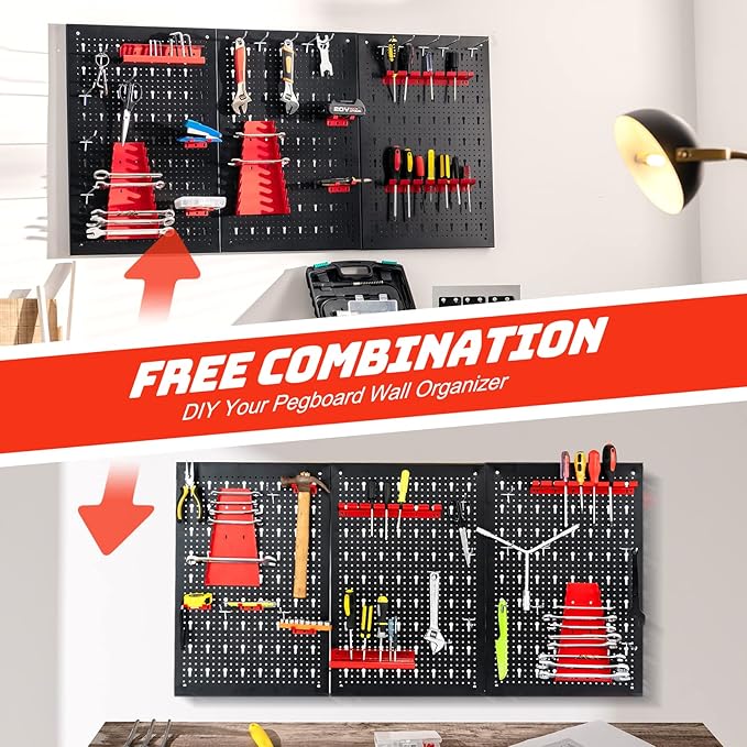 Goplus Garage Pegboard Tool Organizer, 4ft Metal Pegboard Wall Organizer w/3 - Image 4