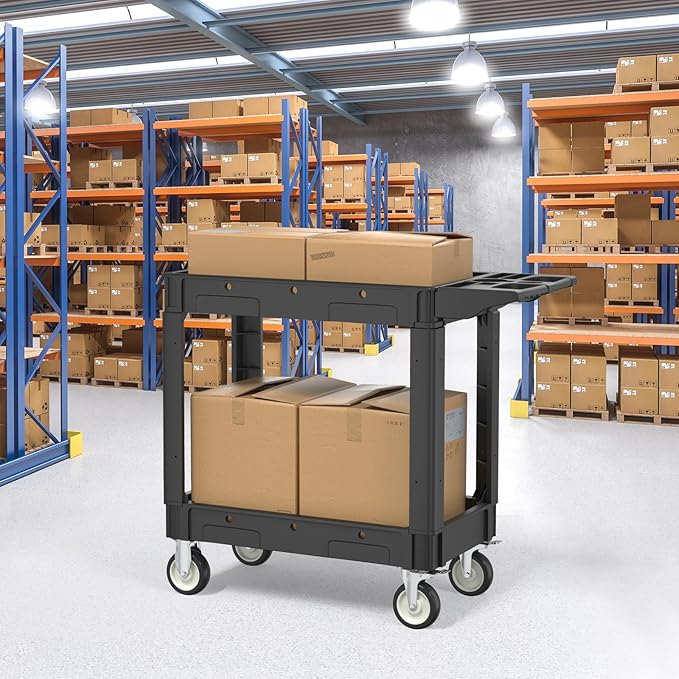 Utility Cart on Wheels, 2 Shelf Heavy Duty Plastic Rolling Cart, 550 lbs - Image 5