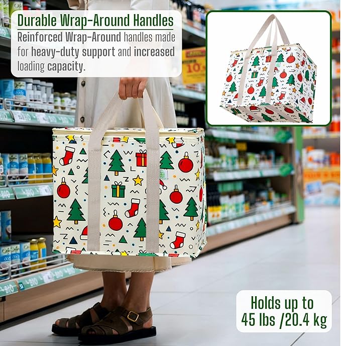 VENO 2 Pack Christmas Cooler Bag Insulated Reusable Grocery Shopping Bag - Image 5