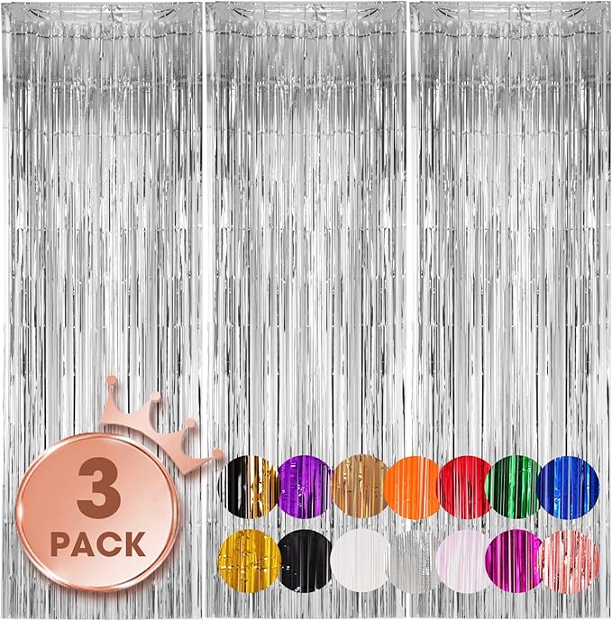 3 Pack 3.3x8.2 Feet Silver Foil Fringe Backdrop Curtains, Tinsel Streamers by Voircoloria