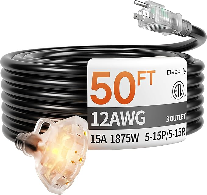 50 ft 12 Gauge Heavy Duty 3 Outlet Extension Cord Splitter by Deeklify