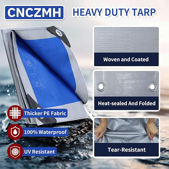 Tarp Waterproof 12x16 Feet, 8 Mil Thick Finished Size Silver/Blue Poly - Image 2