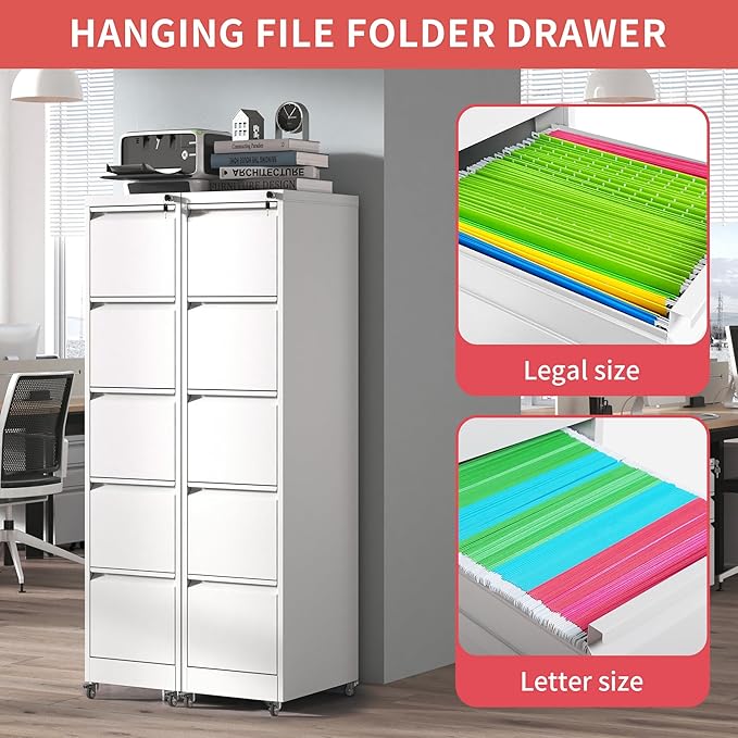 5 Drawer File Cabinet with Wheels, Metal Mobile Filing Cabinets with Lock - Image 4