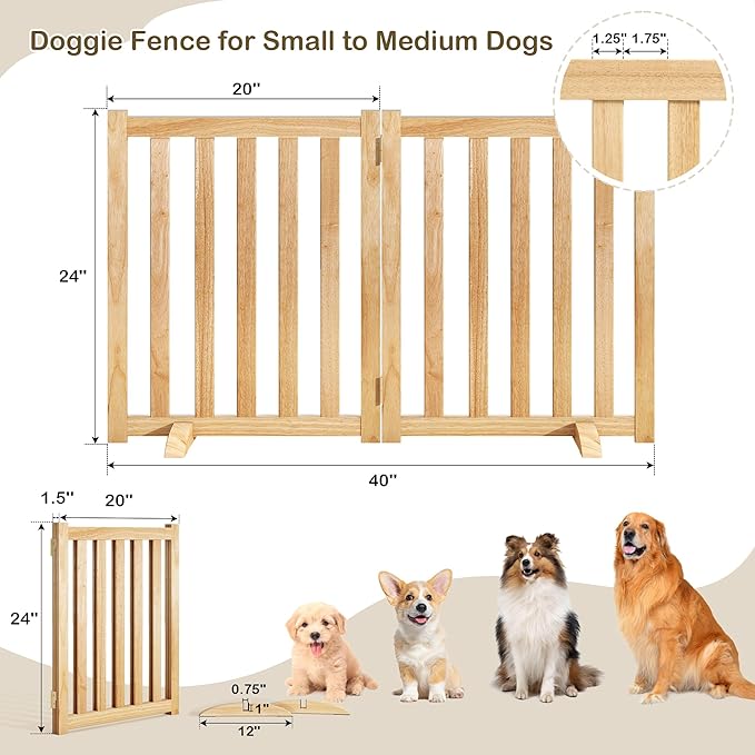 24" Height Tall Freestanding Pet Gate, Solid Wood Folding Safety Fence Wooden - Image 3