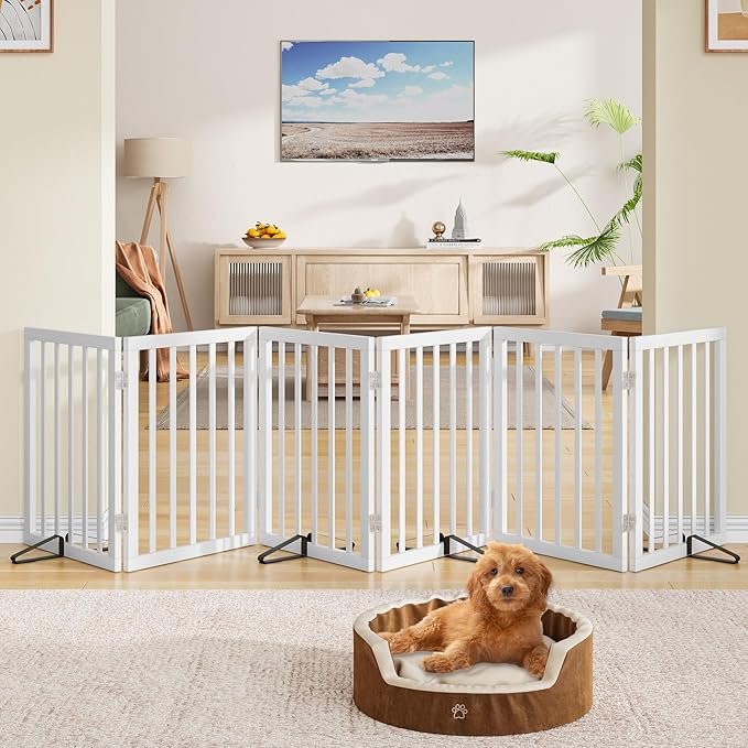 Wooden Dog Gate Freestanding Foldable 6 Panel Pet Gates Extra Wide Dog Gates by MinoKesper