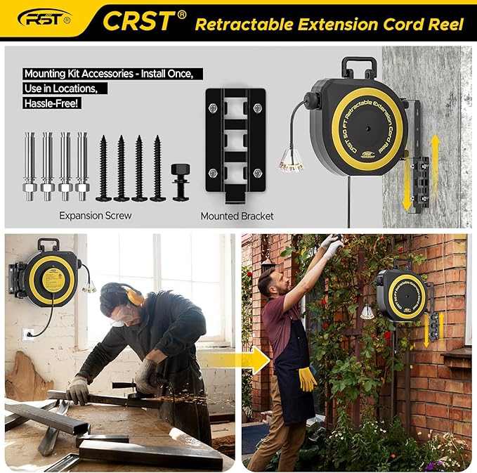 CRST 50 FT Retractable Extension Cord Reel, 14AWG/3C SJTOW Heavy Duty Power Cord - Image 5
