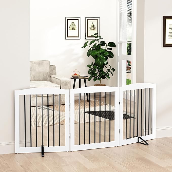 Freestanding Wooden Pet Gate for House, Foldable Indoor Dog Gate for Doorways by PUPETPO