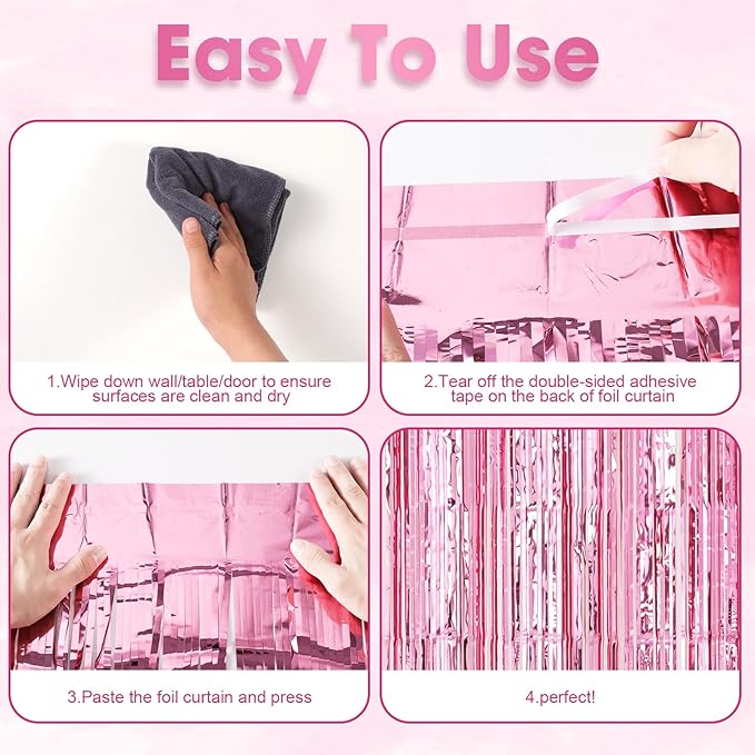 3 Pack 3.3 x 8.2 ft Light Pink Foil Fringe Backdrop Curtains, Tinsel Streamers - Image 4