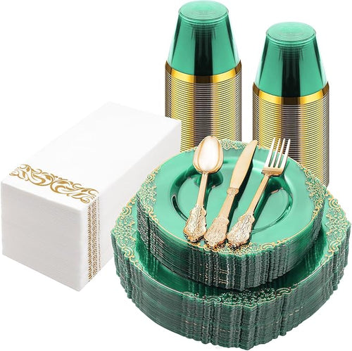 175PCS Clear Green Plastic Plates by Bestluck