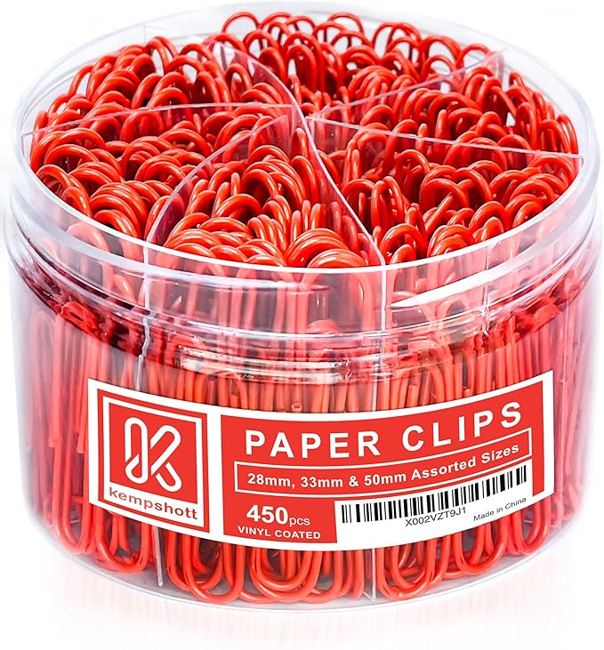 450 Red Color Paper Clips Assorted Sizes Small, Medium and Large Paper Clips by Kempshott%C2%AE