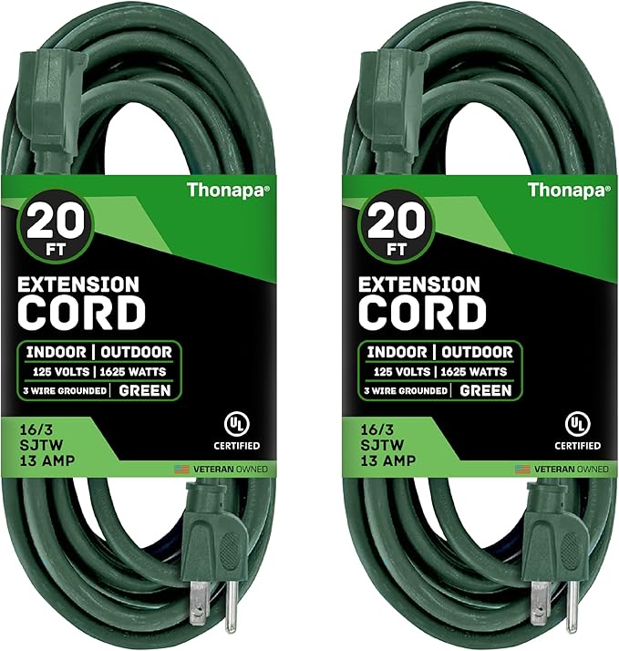 2 Pack of 20 Ft Green Extension Cord by Thonapa