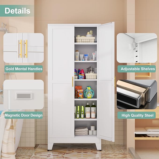Metal Pantry Cabinet with 2 Doors and 5 Adjustable Shelves, Versatile Storage - Image 3