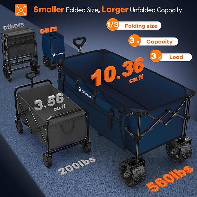48" L Collapsible Wagon Cart Foldable, 560lbs Weight Capacity 300L Heavy Duty - Image 3