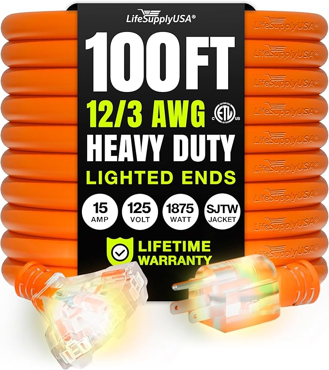 100ft Outdoor/Indoor Extension Cord 3-Outlet 12/3 Gauge Extra Heavy Duty ETL by LifeSupplyUSA