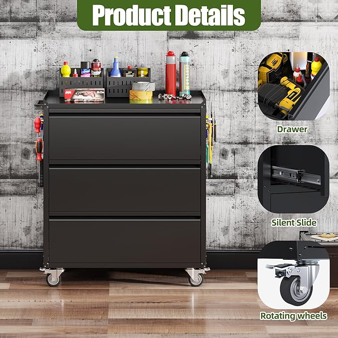 3 Drawers Rolling Tool Storage Cabinet - Image 5