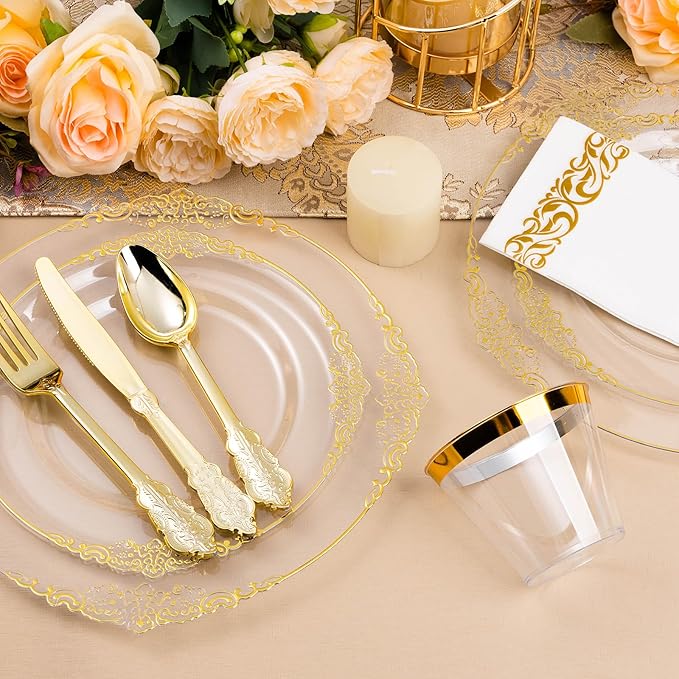 350PCS Clear Gold Plastic Plates - Image 3