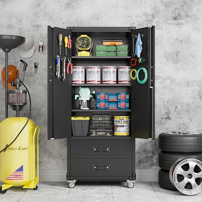 Garage Storage Cabinet with 2 Drawers and Pegboard, Metal Storage Cabinet with - Image 4