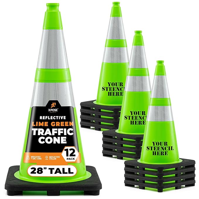 Xpose Safety 28” Lime Green Traffic Cone Dual 6" & 4" Reflective Collar – 12 by XposeSafety