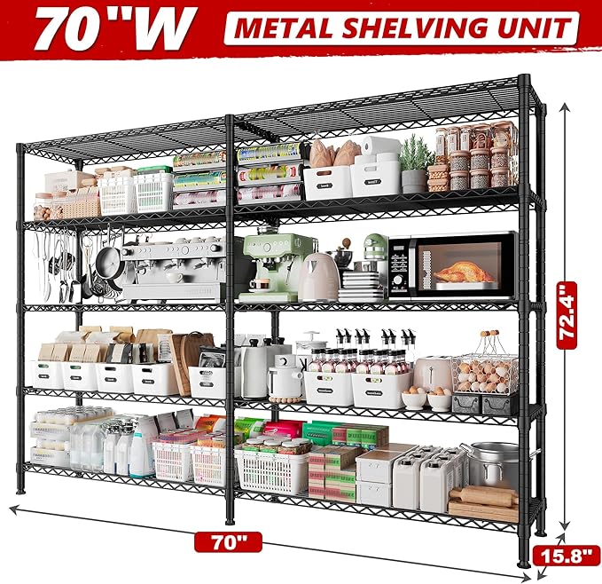 REIBII 70" W Storage Shelves Load 1600LBS, Metal Shelving 5-Tier Wire Shelving - Image 3