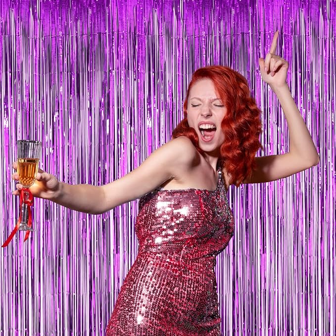 3 Pack 3.3x8.2 Feet Purple Foil Fringe Backdrop Curtains, Tinsel Streamers - Image 7
