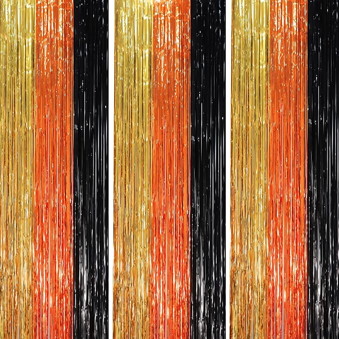 3 Pack 3.3 x 8.2 ft Black Gold Orange Foil Fringe Backdrop Curtains, Tinsel by Voircoloria