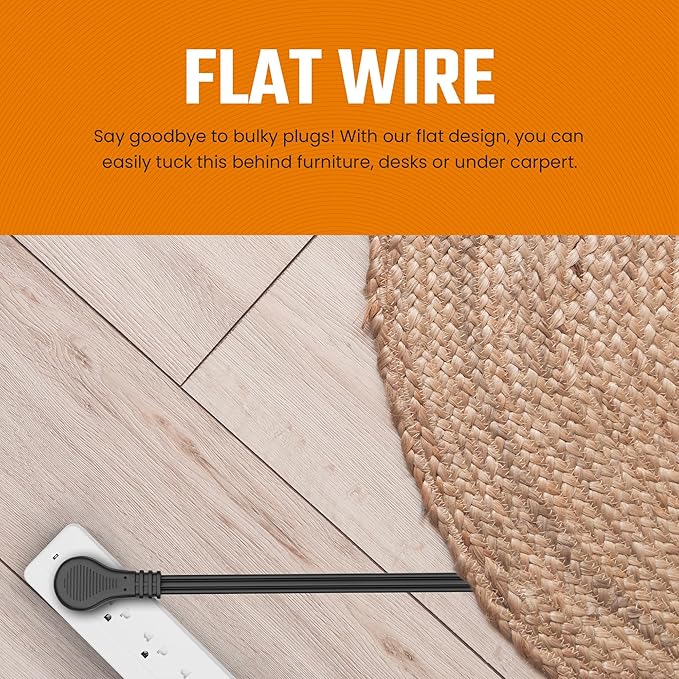 Black Extension Cord Flat 8ft for Indoor Use by Bindmaster- UL-Listed 3-Prong - Image 4
