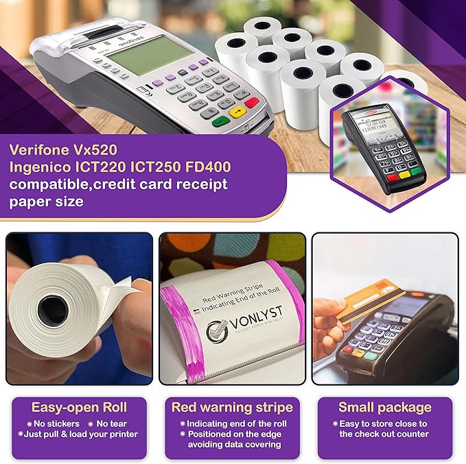 Thermal Paper Roll 2 1/4 x 55 for Verifone Vx520 Ingenico ICT220 ICT250 FD400 - Image 2