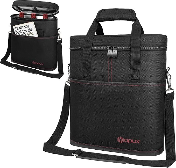 opux 3 Bottle Wine Carrier Tote, Insulated Leakproof Wine Cooler Bag, Wine - Image 8