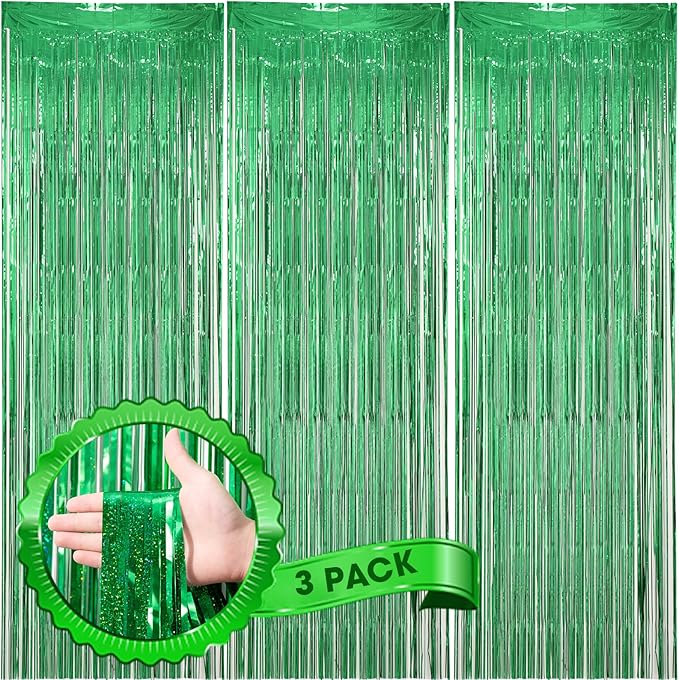 3 Pack 3.3 x 8.2 ft Laser Green Foil Fringe Backdrop Curtains, Tinsel Streamers by Voircoloria