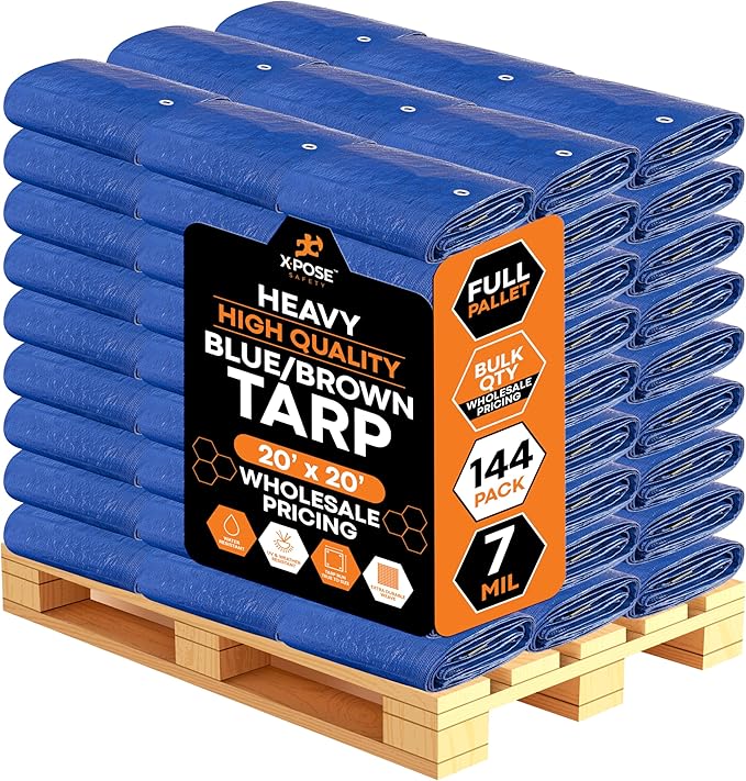 Heavy Blue & Brown Tarp 20' x 20'- Bulk Full Pallet Weatherproof, Wind & Sun by XposeSafety