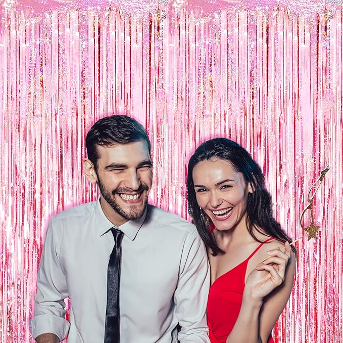 3 Pack 3.3x8.2 Feet Laser Pink Foil Fringe Backdrop Curtains, Tinsel Streamers - Image 7