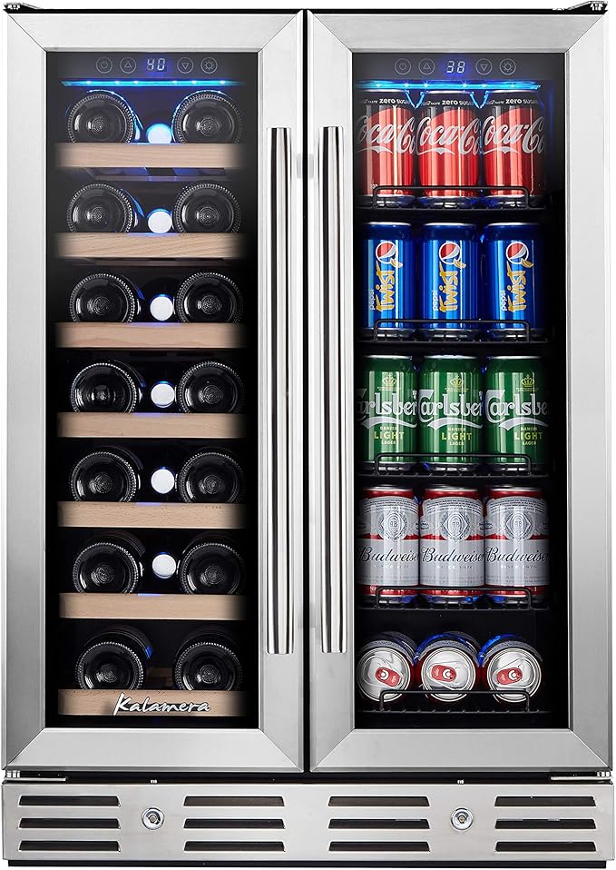 24 Inch Wine and Beverage Fridge, Wine Refrigerator Dual Zone Hold 20 Bottles by Kalamera