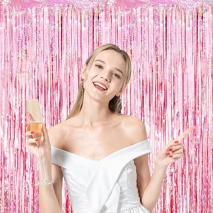 3 Pack 3.3x8.2 Feet Laser Pink Foil Fringe Backdrop Curtains, Tinsel Streamers - Image 6