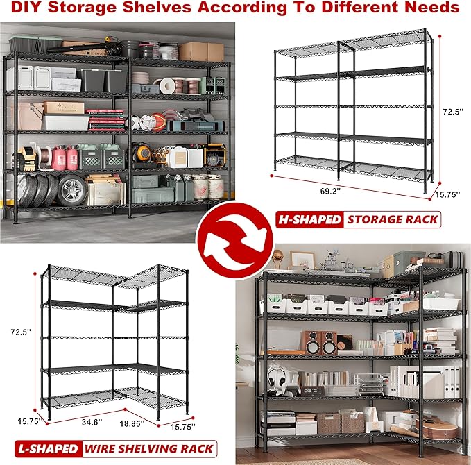 REIBII 70" W Storage Shelves Heavy Duty Load 1600LBS, Metal Shelving 5-Tier - Image 6