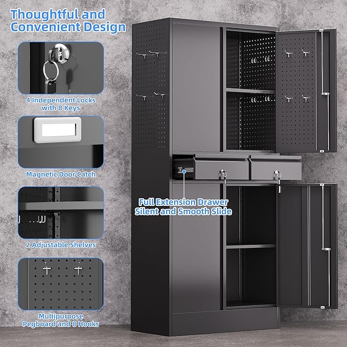 Metal Storage Cabinet with 2 Drawers and Pegboard, Garage Storage Cabinet with - Image 4