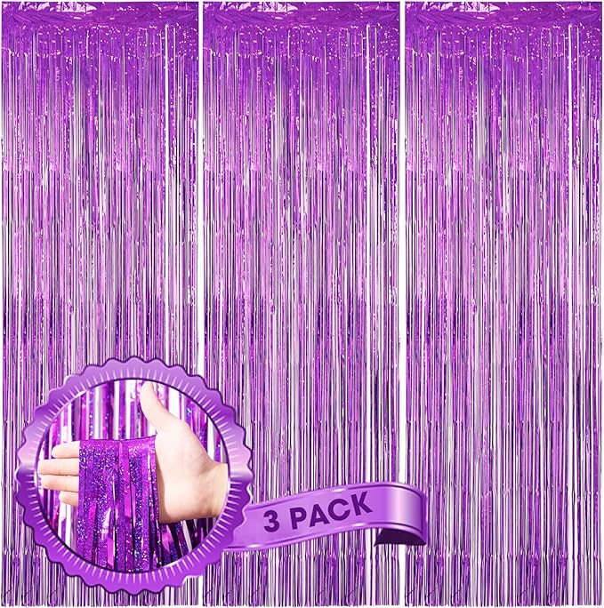 3 Pack 3.3 x 8.2 ft Laser Purple Foil Fringe Backdrop Curtains, Tinsel by Voircoloria